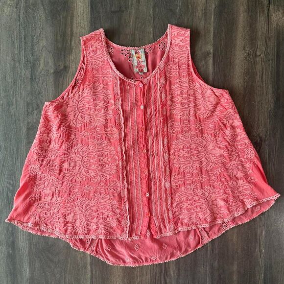 Johnny Was Pink Eyelet Blouse Embroidered Lace Button Up Sleeveless Top Sz Large - Picture 2 of 6